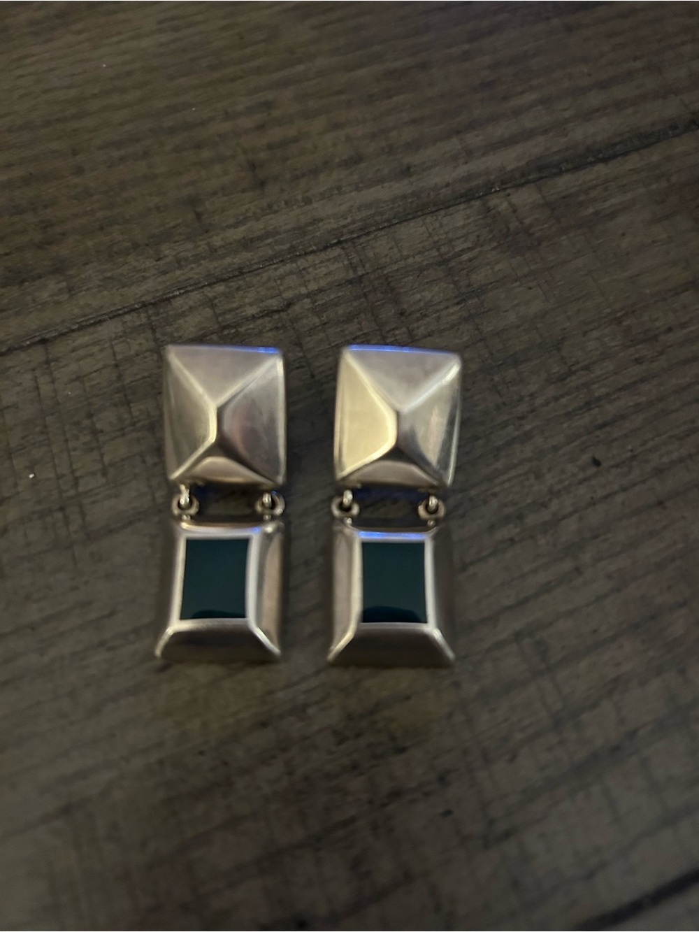 Sterling Silver Geometric Drop Earrings With Chrysoprase Stone Inlays.